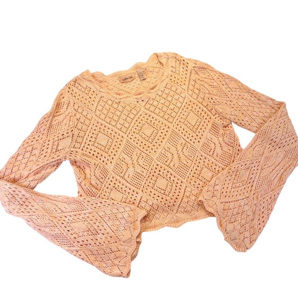Willow-Root Peach Pointelle Knit Bell Sleeve Cropped Sweater Medium 1007A3